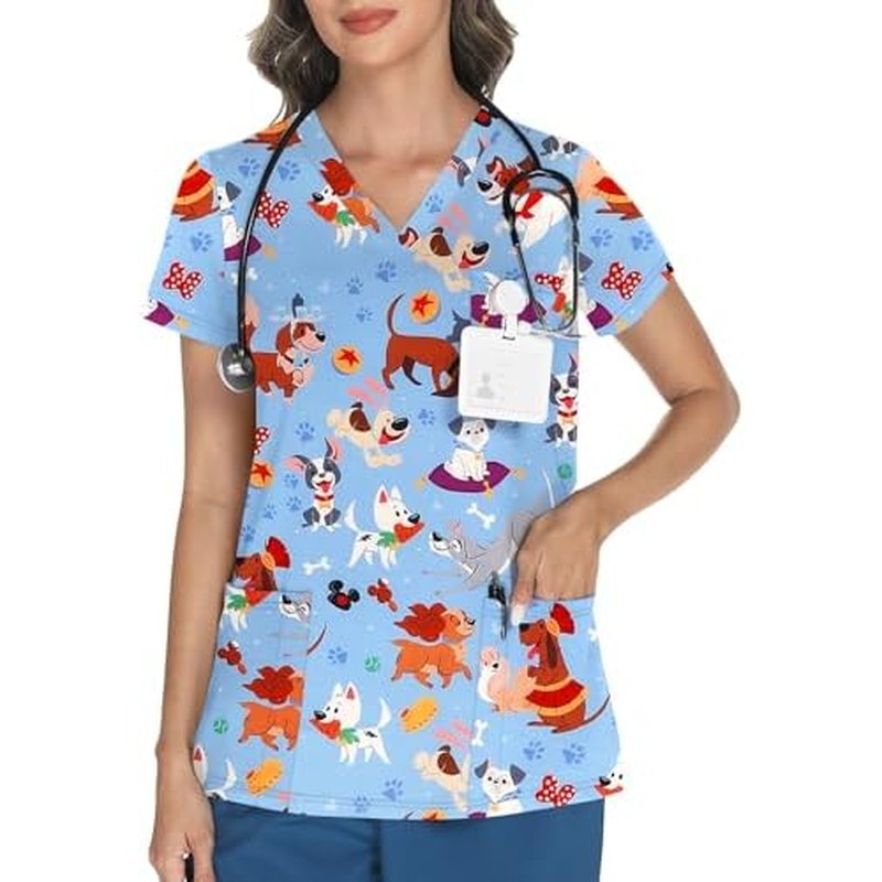 LOMON V-Neck Printed Scrub Top, 3 Pockets