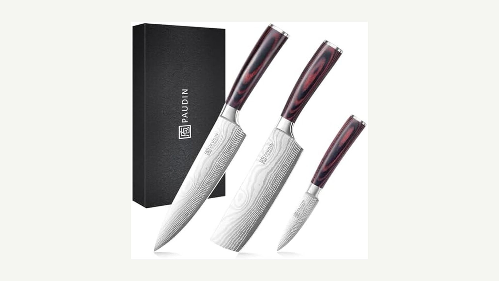 PAUDIN three-piece kitchen knife set with wooden handles on a plain background