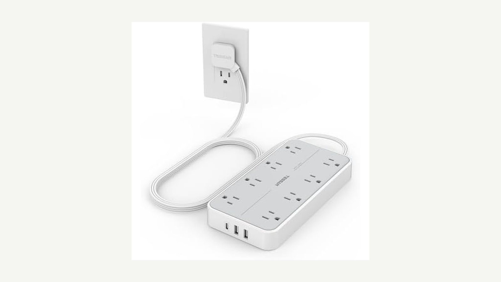 TESSAN flat-plug power strip with USB ports on a plain background