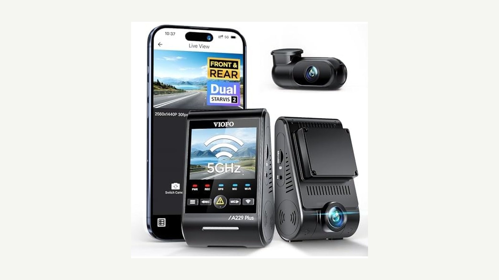 VIOFO A229 Plus front-and-rear dash cam on a plain background