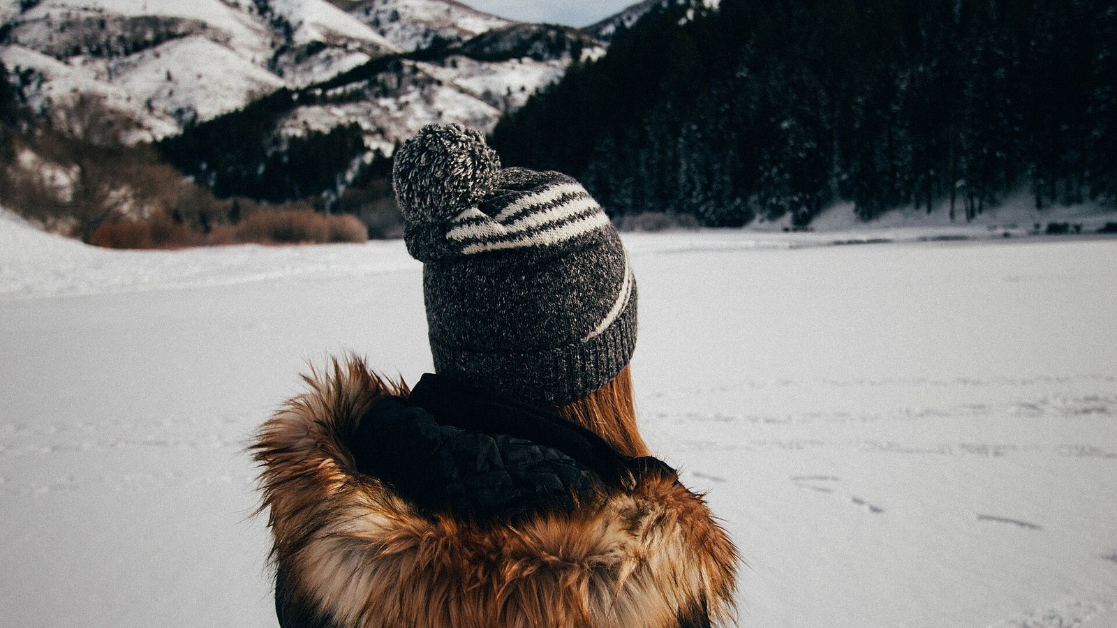 A woman in a fur-trimmed hooded winter coat looking out over a snowy landscape